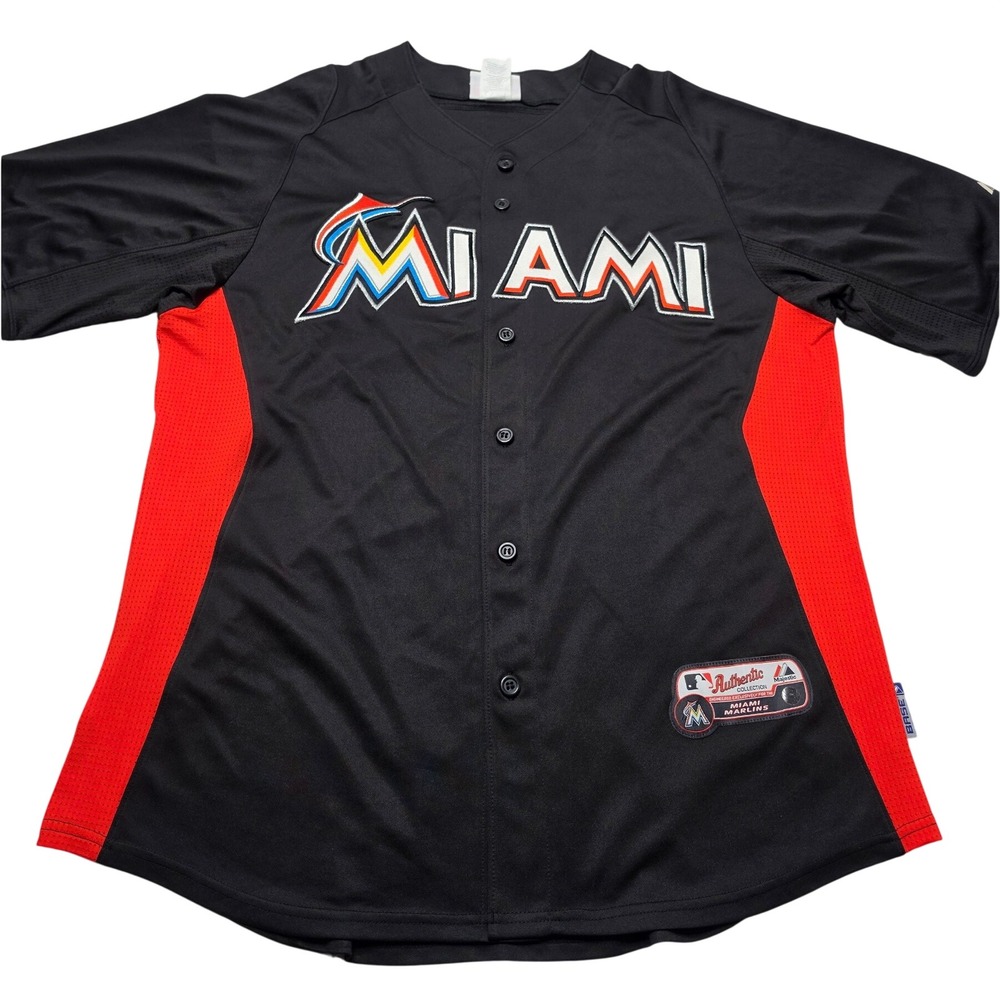 Majestic Miami Marlins Authentic Collection Jersey Black Red Mens Large L/G/G